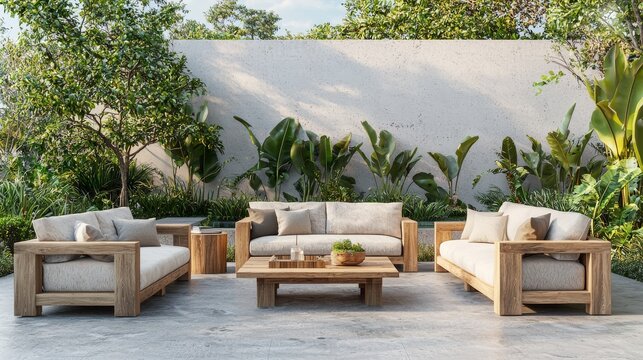 A modern outdoor living room set with wood table patio furniture garden decor summer relaxation concept shown in 3D in an illustration