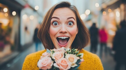 A woman s face lights up with joy and delight as she unexpectedly receives a beautiful bouquet of flowers capturing a heartwarming romantic moment of appreciation and gratitude