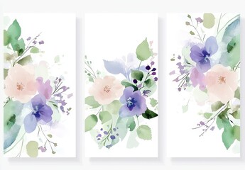 Vintage botanical theme save the date invitation set with watercolor branch and flowers. Luxury layout design for brochure, cover, or other print project.