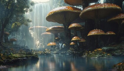 Giant mushrooms grow near a waterfall and a tranquil stream.