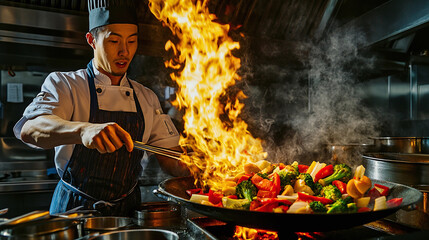 Naklejka premium Chef Expertly Stir-fries Vibrant Vegetables in Flaming Wok, Culinary Skills and the Art of Cooking in Professional Kitchen Setting
