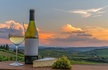 Fototapeta premium Winemaking in 3D with grapes, cheeses, a bottle of white wine, a glass of vine on a wooden table. Vineyard landscape, rows of grapevines, a winery, sunset skies.