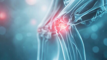 Close-up of a human knee joint illustrating pain and inflammation with a transparent view, ideal for medical and health-related content.