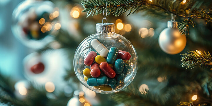 Christmas baubles filled with colorful prescription medicine pills hanging on a christmas tree with blurred lights in the background.