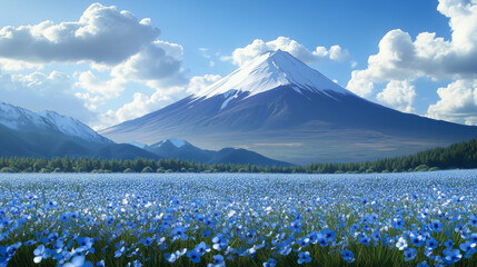 Realistic mountain fuji behind a field of blue flowers
