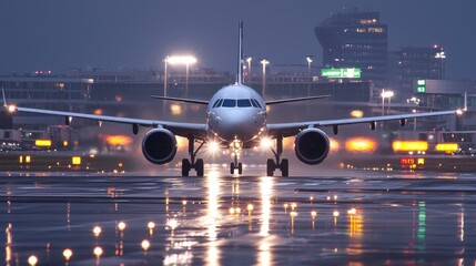 Fototapeta premium Airplane Taxiing on Runway at Night with Lights and Reflections