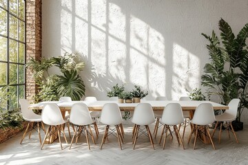 A white office meeting room with a table and chairs, a window and a mockup wall.