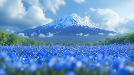 Realistic mountain fuji behind a field of blue flowers
