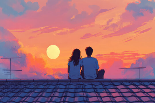 Romantic couple sitting on the tiles of roof watching sunset in love