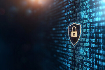 abstract tech background of binary code, featuring a glowing security shield and padlock