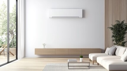 Fototapeta premium Modern Living Room with Air Conditioner Wooden Wall and Large Window