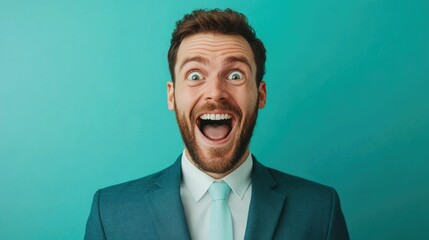 Joyful man in disbelief and amazement after unexpectedly winning a surprise prize expressing overwhelming happiness and of his unanticipated triumph