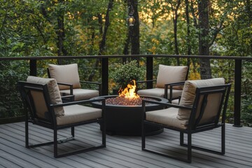 Obraz premium A five-piece patio furniture set with a fire pit, two swivel chairs, and a table with black metal frames and beige cushions, designed in modern outdoor style.