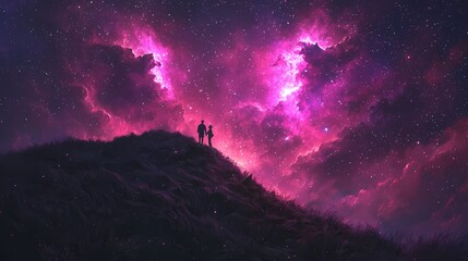 Silhouette of a couple against a vibrant cosmic backdrop, evoking romance and wonder.