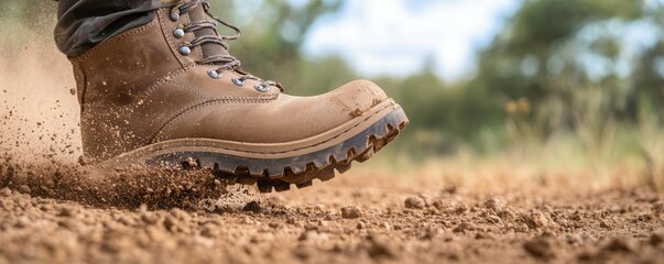 a sturdy boot stepping confidently on a gravel path, showcasing durability and adventure in the great outdoors.