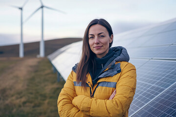 A woman in a yellow jacket in front of a row of wind turbines and solar panels.