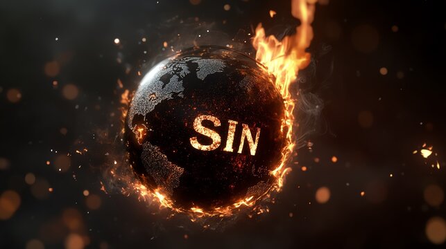 A fiery globe with the word 'SIN' burning on the surface, symbolizing global turmoil and moral challenges.