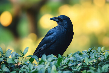 Obraz premium Glossy black raven with a green out of focus background