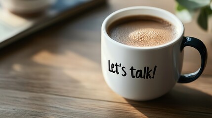 Close-up of a coffee mug with 'Let's talk!' text on a wooden table, inviting conversation, warm morning light, and relaxed atmosphere.