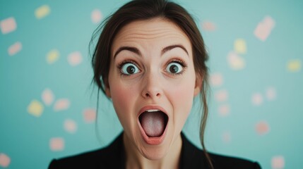 Closeup portrait of a woman with her hand covering her mouth in amazement and delight after unexpectedly winning a raffle prize  The deep depth of field creates a dramatic