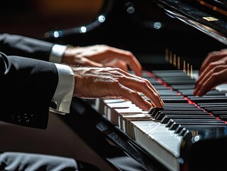 Detailed close-up of a concert pianist's hands on a grand piano, illuminated by warm concert lighting.