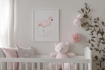 The cloud pillow and toys are in a child's bedroom interior with a cradle and a mockup of a poster. The real photo is used for the mockup.