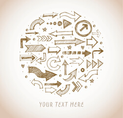 Hand-drawn doodle sketch arrows in various styles arranged in a circular pattern in vintage style