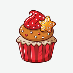  Christmas cupcake vector illustration combines cartoon style with line art. Ideal for holiday-themed designs, cards, apparel, and more. A sweet addition to seasonal projects.