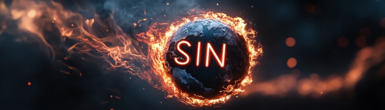 Fiery representation of sin, with a glowing ember in the center and flames surrounding it. Concept of temptation, evil, and morality.