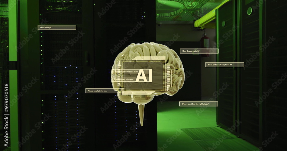 Poster image of ai text, brain and data processing over computer servers