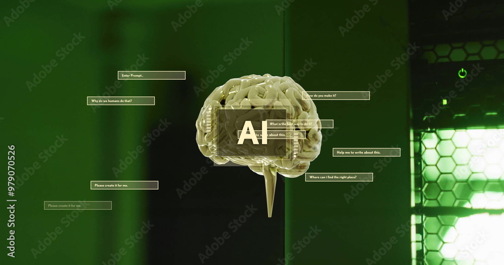 Poster image of ai text, brain and data processing over computer servers