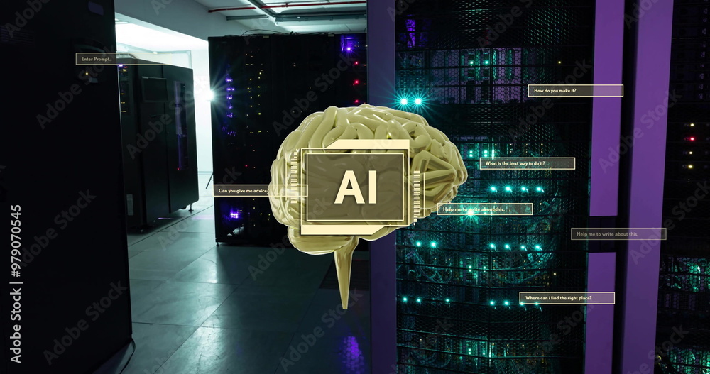 Poster image of ai text, brain and data processing over computer servers