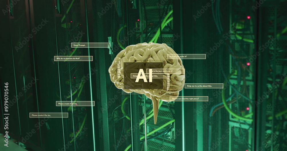 Aufkleber image of ai text, brain and data processing over computer servers