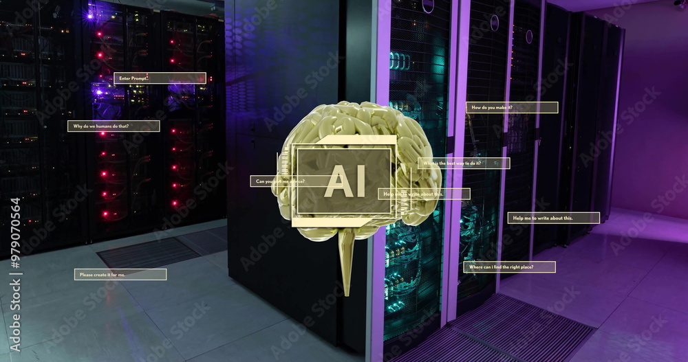 Poster image of ai text, brain and data processing over computer servers
