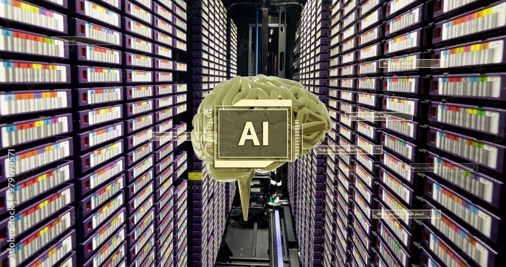Poster image of ai text, brain and data processing over computer servers