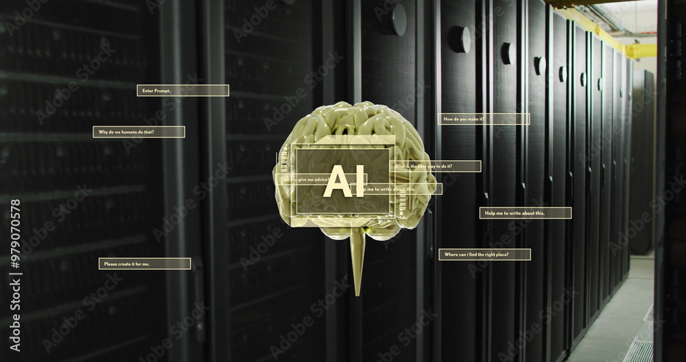 Poster image of ai text, brain and data processing over computer servers