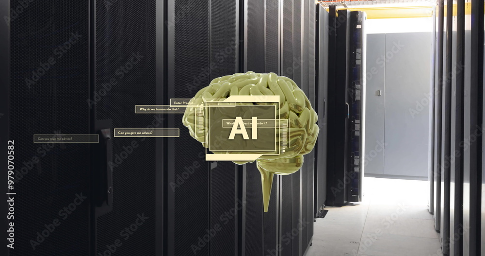 Canvas Prints image of ai text, brain and data processing over computer servers