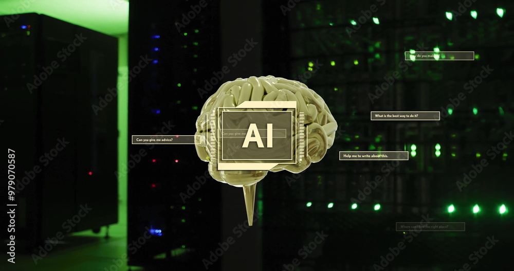 Poster image of ai text, brain and data processing over computer servers