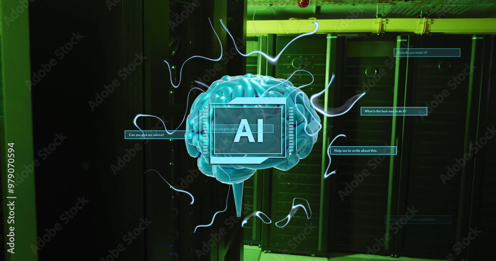 Poster image of ai text, brain and data processing over computer servers