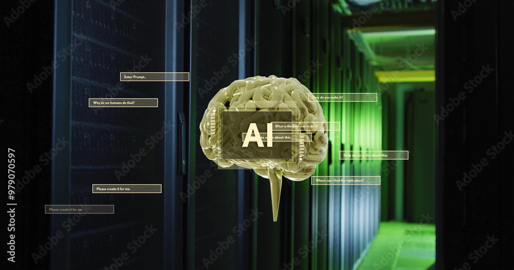 Poster image of ai text, brain and data processing over computer servers