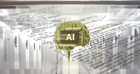 Image of ai text, brain and data processing over computer servers