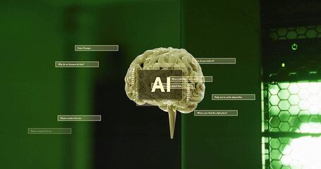 Image of ai text, brain and data processing over computer servers
