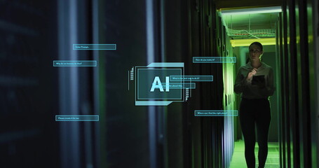 Image of ai text, data processing over caucasian female engineer by computer servers