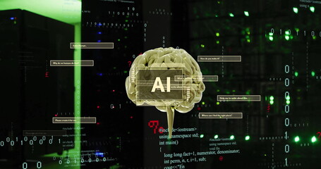 Image of ai text, brain and data processing over computer servers