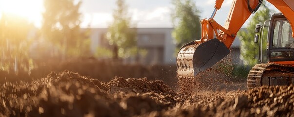 Excavator working on a construction site, showing the machinery at sunset with focus on the soil being moved.