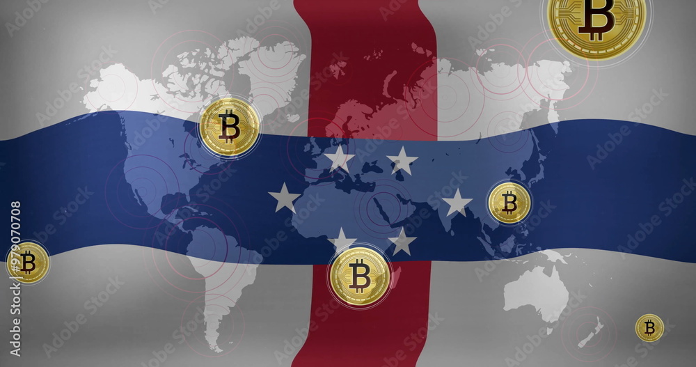 Canvas Prints Bitcoin symbols image over world map and flag of Netherlands Antilles