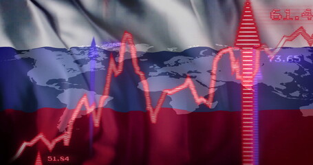 Stock market data image over world map and Russia flag