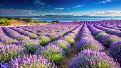 Fototapeta premium A vibrant lavender field in full bloom stretching towards a scenic view of the ocean and distant mountains.