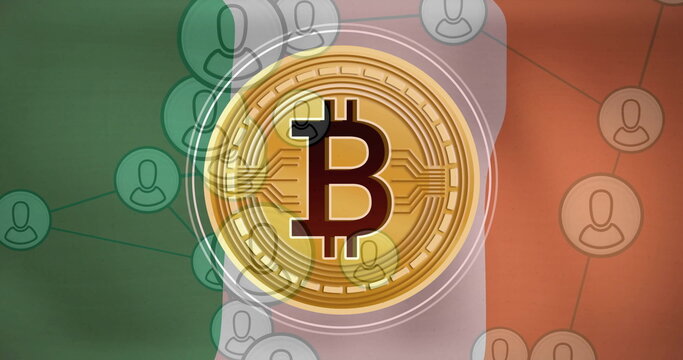 Bitcoin symbol and network connections image over Irish flag background