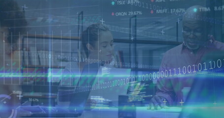 Image of financial data processing over diverse business people in office